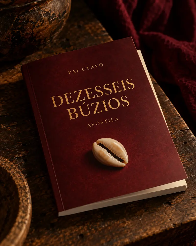 Representação visual da apostila de Pai Olavo sobre o jogo de dezesseis búzios, com capa vinho.